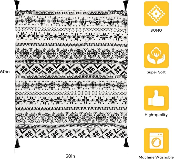 MACEVIA Flannel Boho Blanket for Couch, Country Western Aztec Printed Throw with Tassel, Soft Cozy Bohemian Blanket for Home Decor (Black and White, 50x60inches)