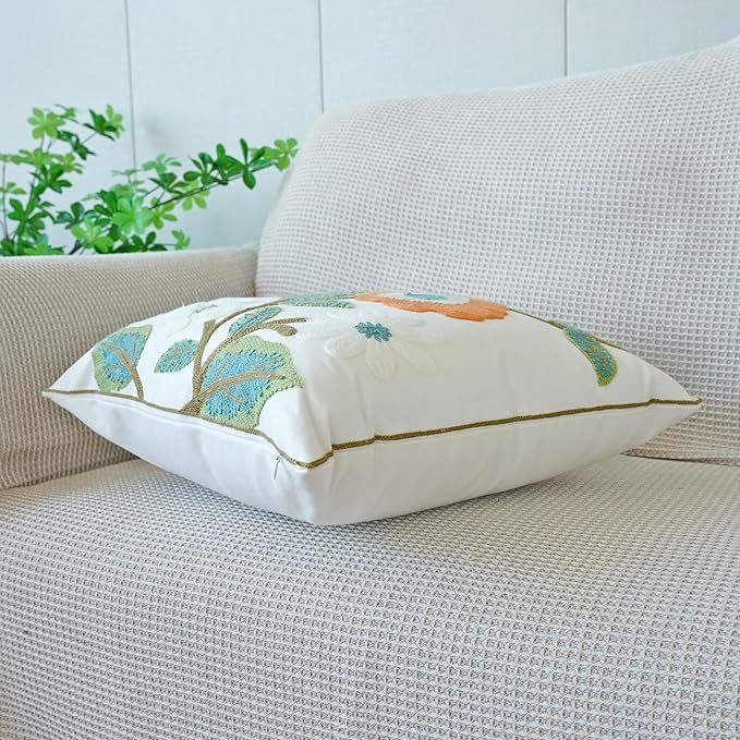 vctops Floral Embroidered Pillow Covers 18x18 Inch Spring Summer Cotton Tufted Throw Pillow Cover Outdoor Garden Cushion Case for Sofa, Bed, Living Room (Flower G,18"x18")