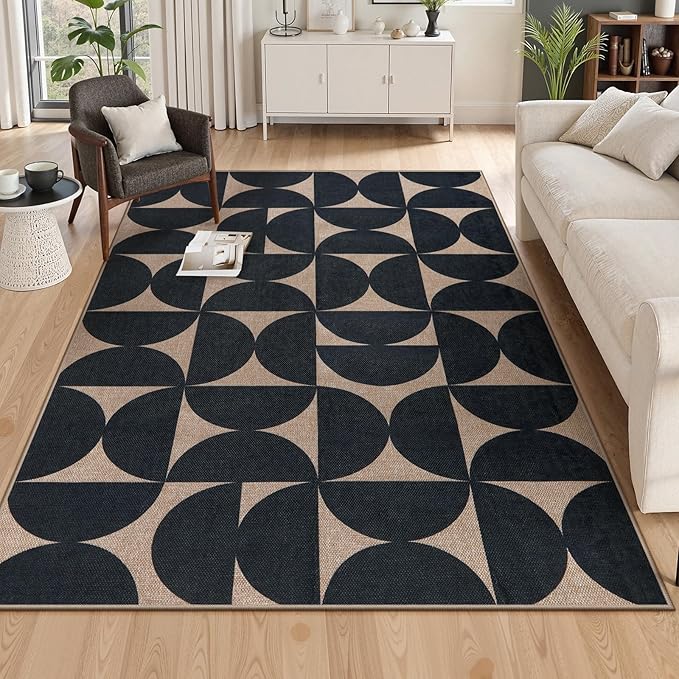 Lahome Modern Geometric Easy Jute 5x7 Rugs, Washable Carpet for Living Room Dining Room, Neutral Black Semi-Circle Rug for Outdoor Patio Office Classroom Backyard