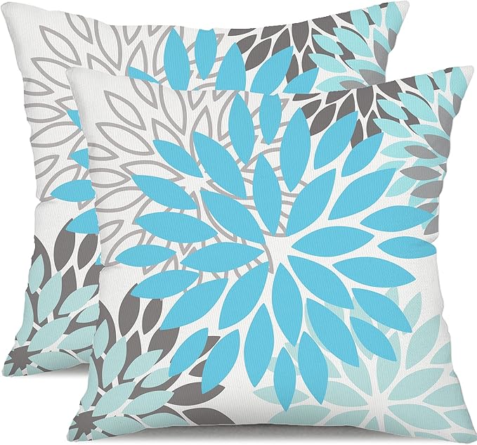 DFXSZ Sky Blue Flower Pillow Covers 20x20 Inch Set of 2 White Gray Colored Throw Pillows Outdoor Waterproof Decor for Living Room Sofa Patio Funiture Garden Floral Polyester Pillow Covers 002M20