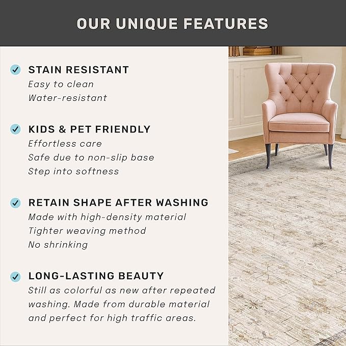 Farmhouse Rugs for Living Room 7x10, Low Pile Soft Retor Foldable Area Rug for Bedroom, Dining Room, Non Slip with Rubber Backing, Light Beige Vintage Home Décor, Geometric Floral Carpet