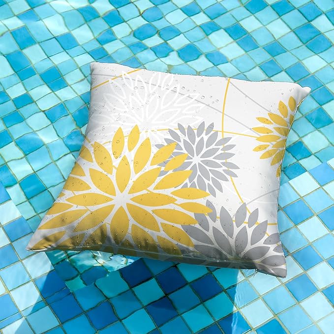 DFXSZ Yellow and Grey Floral Pillow Covers 16x16 Set of 2 Outdoor Waterproof Decorative Throw Pillows Summer Pillow Covers Polyester Cushion Case Decor for Couch Patio Funiture Garden Porch 01Z16
