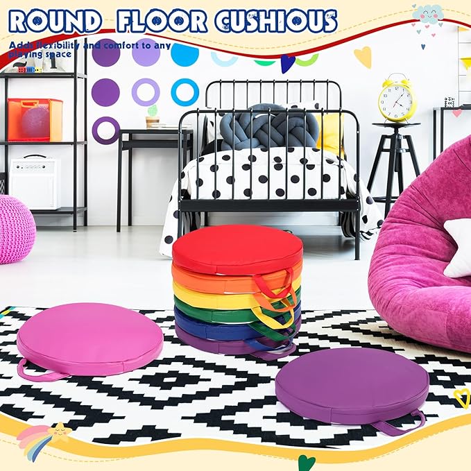 Sawysine 12 Pcs Floor Cushions Classroom Flexible Floor Seating with Handle for Kids in Home School Classroom Kindergarten Daycare Nursery(Novel Color,Round)