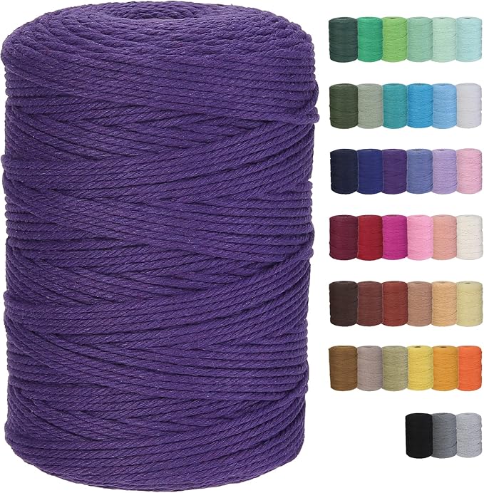 Cotton Macrame Cord 3mm 328yards Natural Colored Macrame Supplies, Soft Craft Cotton Rope for Plant Hanger Wall Hanger Dreamcatcher (Purple)