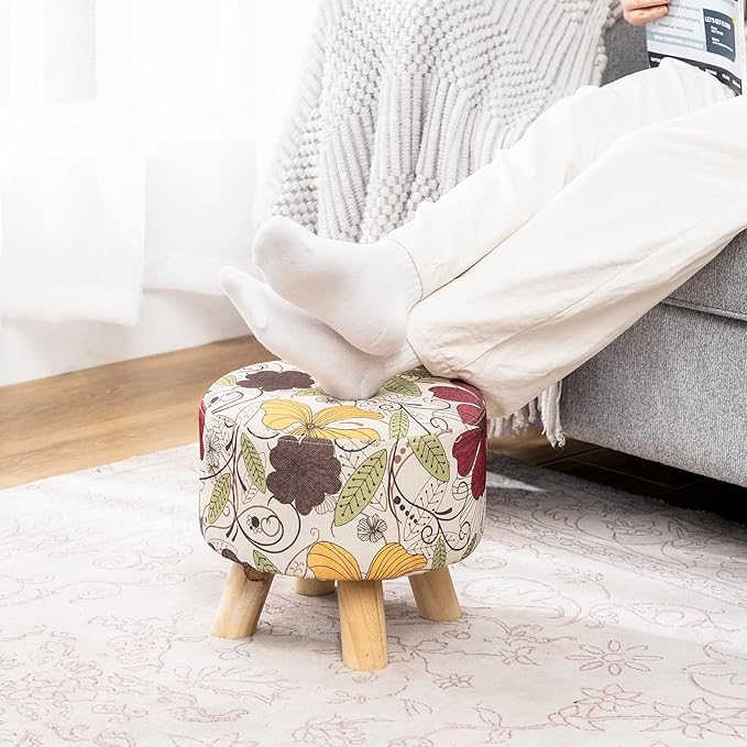 Asense 11-inch Round Ottoman Footstool,Small Padded Seat with Wood Legs,Foot Rest Stool for Living Room Bedroom Couch,Flower