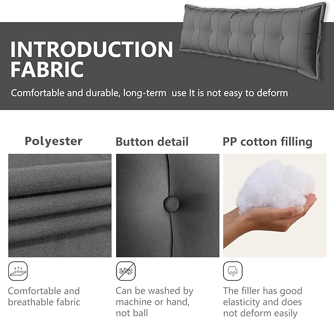 Johnear Large Headboard Pillow Cotton Linen Daybed Cushion Backrest Bolster Pillow Support Positioning Bed Sofa Rest Reading Pillow （Gray, 39 x 3 x 20 inches）