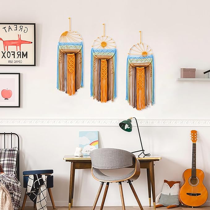 Artilady 3 Pack Macrame Wall Hanging Tapestry Sunrise Sunset Wall Art Set, Hand Woven Boho Tapestries Colorful Sun Wall Decor for Bedroom Living Room Apartment (3 Pcs)