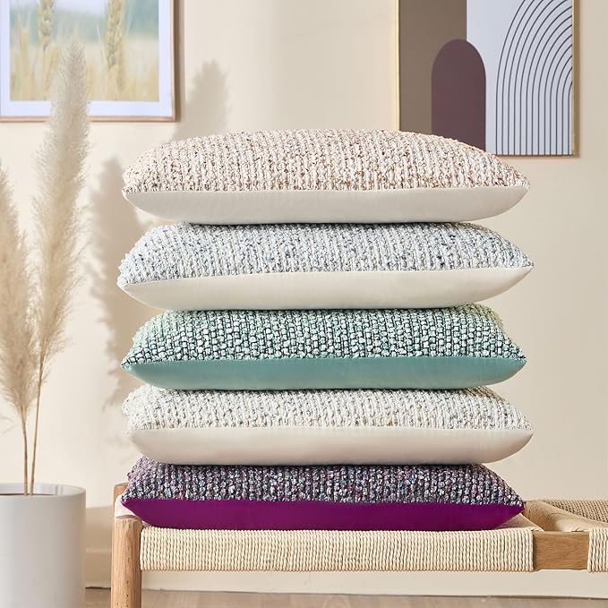 Decorative Couch Throw Pillow Covers 18x18 Set of 2 Cream Gray Striped Soft Wool Pillow Covers Neutral Textured Boho Cushion Covers for Modern Farmhouse Sofa Bedroom Living Room Decor SY012-B18