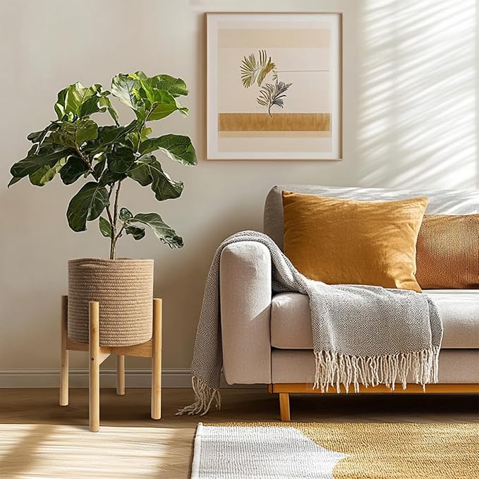 Plant Basket with Stand, Indoor Round Wicker Basket Plant with Bamboo Wood Stand, Decorative Woven Rope Flower Indoor Planter with Legs, Boho Bamboo Wood Planter Holder (Jute)