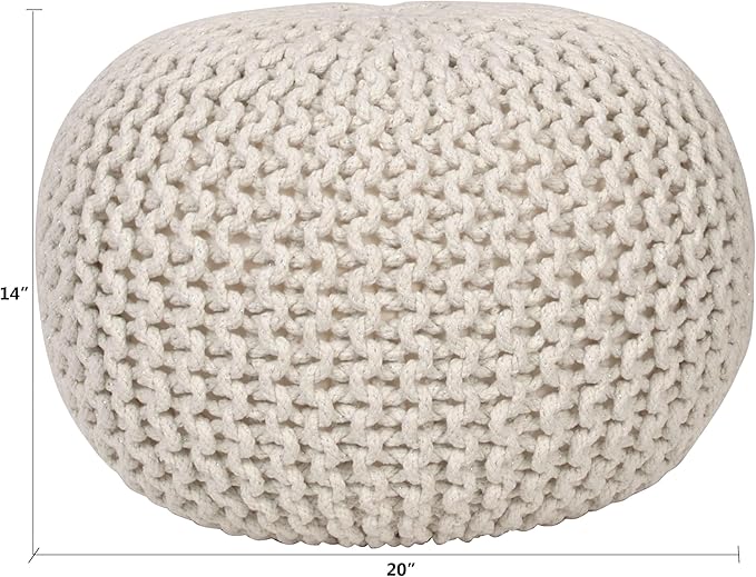 Decor Therapy Lola Round Knit Lurex Yarn and Cotton Pouf, Off-White 20x20x14