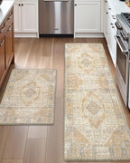 DEXI Kitchen Floor Mats Anti Fatigue, 17x29+17x59 Large Cushioned Runner Rug Waterproof, Standing Comfort Memory Foam Padded for Front Sink Laundry Office Set of 2, Beige and Light Orange