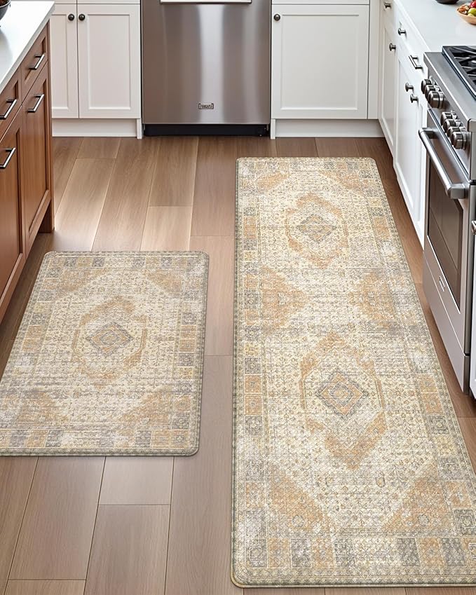 DEXI Kitchen Floor Mats Anti Fatigue, 17x29+17x59 Large Cushioned Runner Rug Waterproof, Standing Comfort Memory Foam Padded for Front Sink Laundry Office Set of 2, Beige and Light Orange