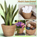 Healifty Woven Plant Baskets with Liner: 2Pcs Round Wicker Seagrass Planter Pots Rattan Straw Baskets Covers for Indoor Outdoor Flower Plants Rustic Home Farmhouse Garden Decor 9.05 X 9.05 X 6.49''