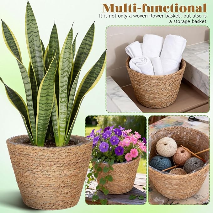 Healifty Woven Plant Baskets with Liner: 2Pcs Round Wicker Seagrass Planter Pots Rattan Straw Baskets Covers for Indoor Outdoor Flower Plants Rustic Home Farmhouse Garden Decor 9.05 X 9.05 X 6.49''