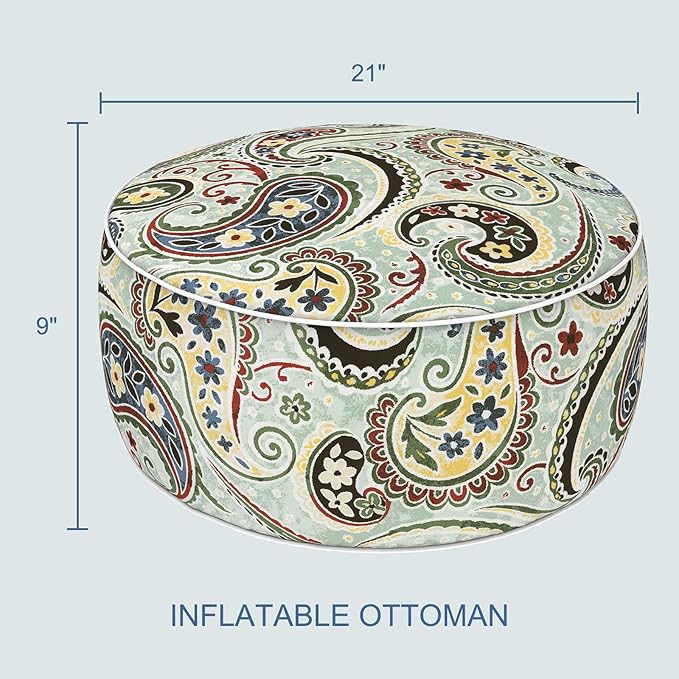LVTXIII Indoor/Outdoor Inflatable Ottoman with Handle D21 x H9 Inch, Weather-Resistant Round Footstool Pouf for Patio Camping Living Room, Portable Footrest Extra Seating, Paisley Light Cyan