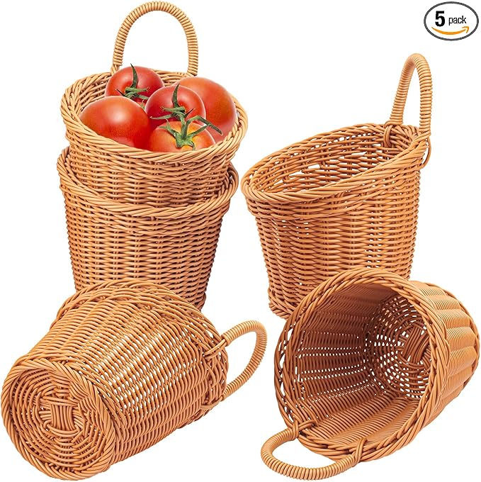 5 Pack 6.7 x 6 inch Woven Hanging Fruit Basket, Wall Hanging Wicker Baskets, Wall Fruit Wicker Basket for Kitchen, Planter, Vegetable & Fruit, Boho Home Decor