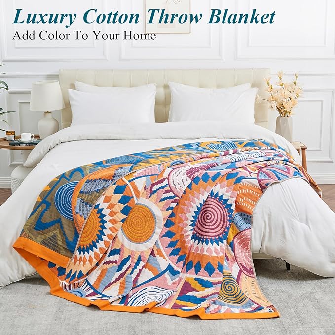 Boho Throw Blanket for Bed-100% Cotton Soft Breathable Farmhouse Decor Boho Quilt for Sofa (Colorful Sun, 60"x80")