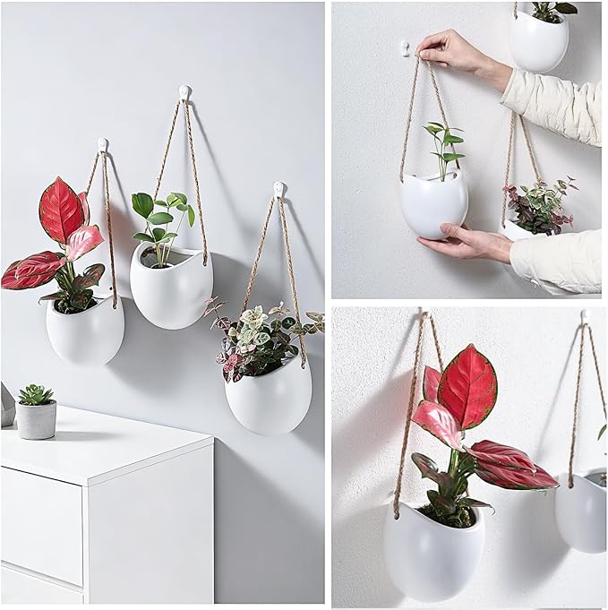 Set of 3 Ceramic Hanging Planters for Small Plants & Artificial Greenery, Wall Decor for Bathroom Living Room Bedroom Home Office Corridors