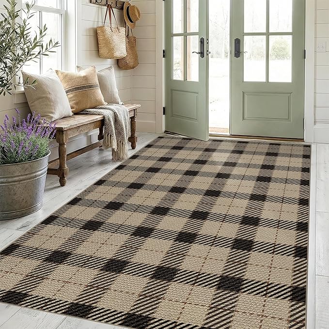 5x7 Farmhouse Rugs for Living Room - Easy Jute Area Rug for Large Entryway Indoor Outdoor, Patio, Bedroom Under Bed, Washable Non Slip Rustic Woven Checkered Plaid Black and Tan Carpet