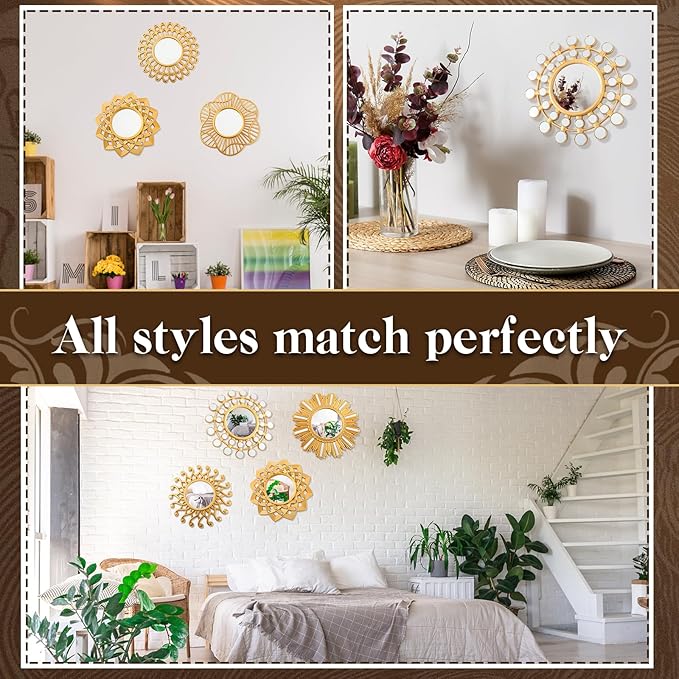 Barydat 10 Pcs Boho Gold Sun Mirrors for Wall Decor 10 Inches Plastic Decorative Wall Mirrors for Entryway Home Living Room (Modern)