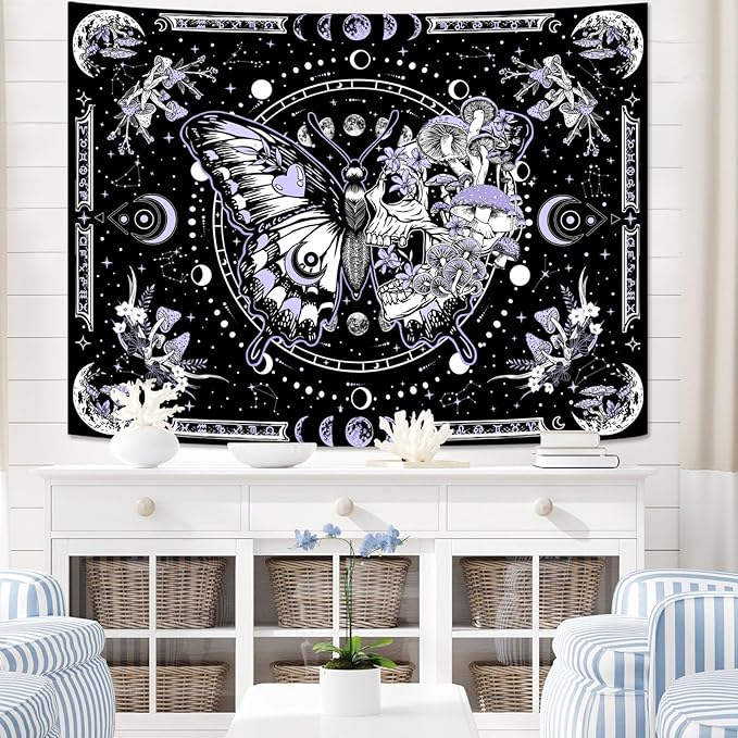 Fungarth Skeleton Butterfly Tapestry Purple Skull Hippie Mushroom Plants Tapestry for Bedroom Moon phase Aesthetic Tapestries Wall Hanging for Living Room Dorm (60.00” x 80.00”, Purple)