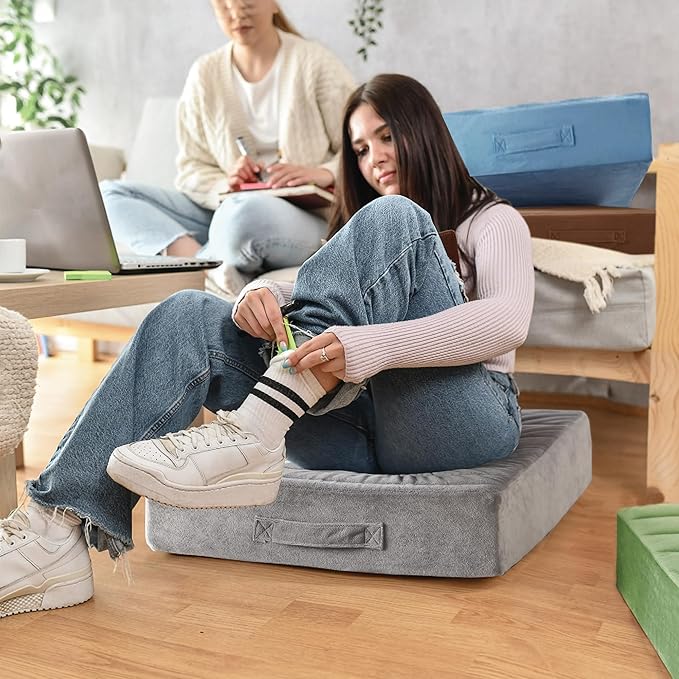 Codi Floor Cushions for Adults, Large Meditation Pillows with Thick Foam and Soft Tufted Covers, Washable Square Seating for Couch and Yoga Sitting, 22×22×5 inch Grey