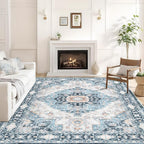 Washable 8×10 Area Rug for Living Room, Vintage Floral Rug Soft Non Slip Stain Resistant Boho Carpet for Indoor Bedroom Dinning Room Home Office Blue/Ivory