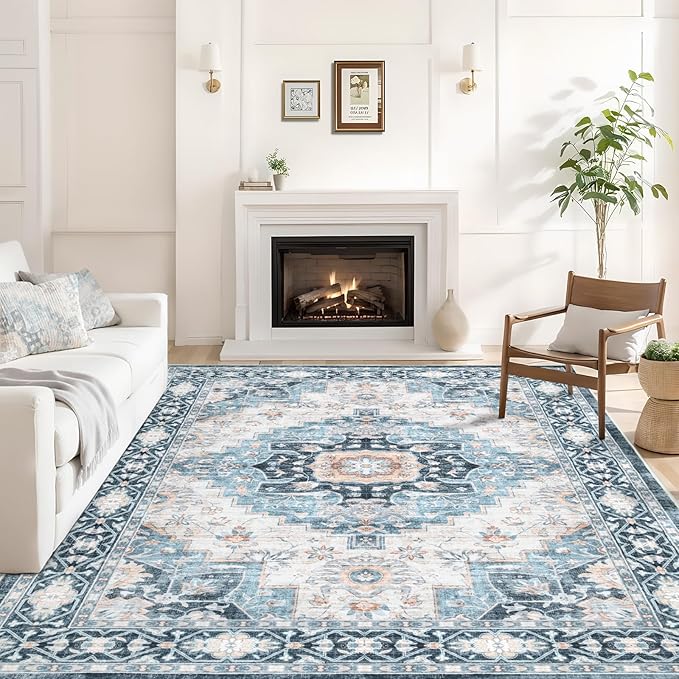 Washable 8×10 Area Rug for Living Room, Vintage Floral Rug Soft Non Slip Stain Resistant Boho Carpet for Indoor Bedroom Dinning Room Home Office Blue/Ivory