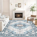 Washable 5×7 Area Rug for Living Room, Vintage Floral Rug Soft Non Slip Stain Resistant Boho Carpet for Indoor Bedroom Dinning Room Home Office Blue/Ivory