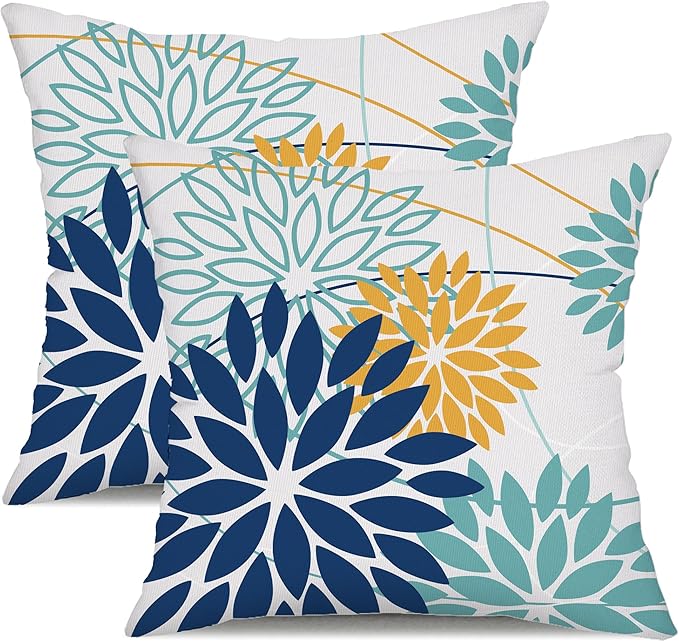 DFXSZ Dark Blue and Light Green Floral Pillow Covers 16x16 Set of 2 Outdoor Pillows Covers Waterproof Summer Pillowcovers Polyester Cushion Case Decor for Couch Patio Funiture Garden Porch 01T16