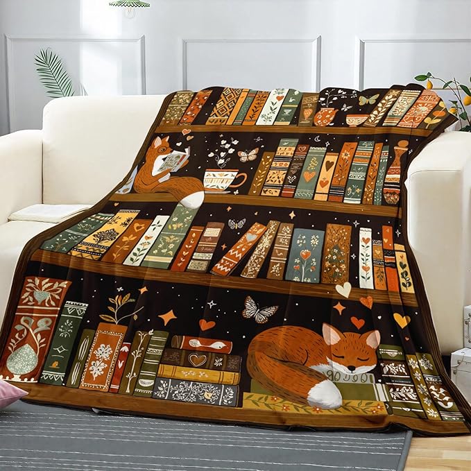 Bookshelf Throw Blanket, Retro Soft Cozy and Warm Couch Blankets Gift for Bookshelf Lover, Decorative Blankets for Sofa Couch Bed, Brown Black 50×60 inches