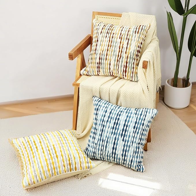 Boho Chenille Striped Pillow Cover 18x18 Inch, Decorative Pillow Cover for Couch Bed Sofa Living Room Bedroom Farmhouse Modern Home Decor Accent Pillowcases Set of 1, Yellow White