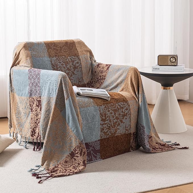 Boho Chenille Throw Blanket, Bohemian Jacquard Tassels Cover for Couch Bed, Decorative Sofa Slipcover Protector - Colorful Tribal Pattern (Vintage, 86 * 102 in)