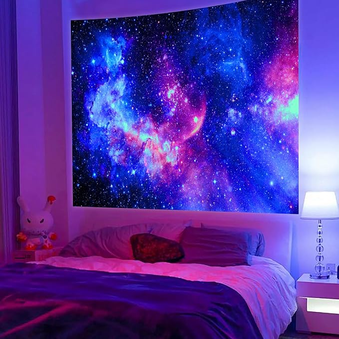 Blacklight Galaxy Tapestry for Bedroom Aesthetic Space Starry Sky Stars Universe Backdrop Black Light Poster Decor Wall Hanging Glow in the Dark Tapestry for Living Room Dorm Home Decoration(60"X79")
