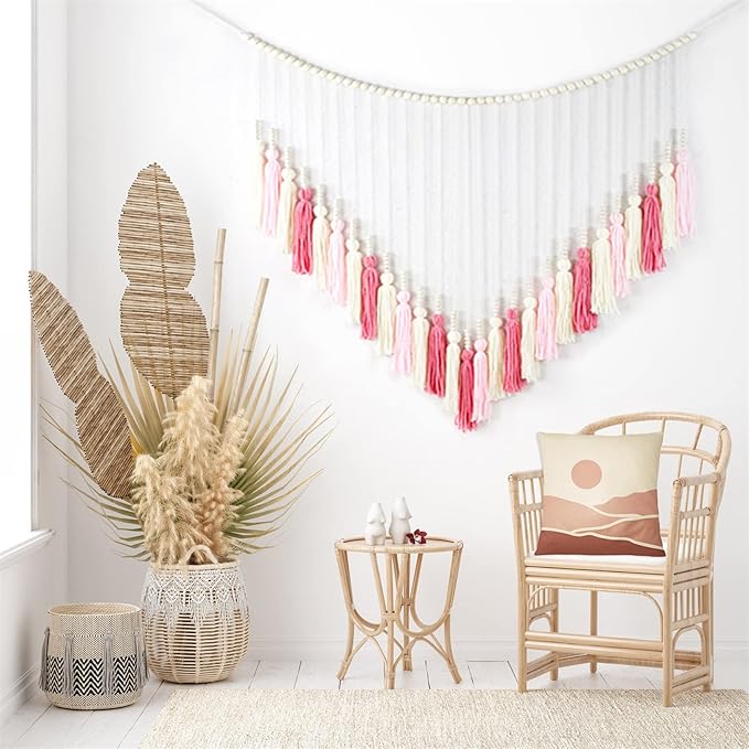 EOBTAIN Large Macrame Wall Hanging,Boho Blush Pink Tassel with Wood Beads Wall Decor for Nursery Bedroom Handmade Bohemian Tapestry for Living Room Dorm Home Decoration,Gifts for Girls Woman 30x36 Inch