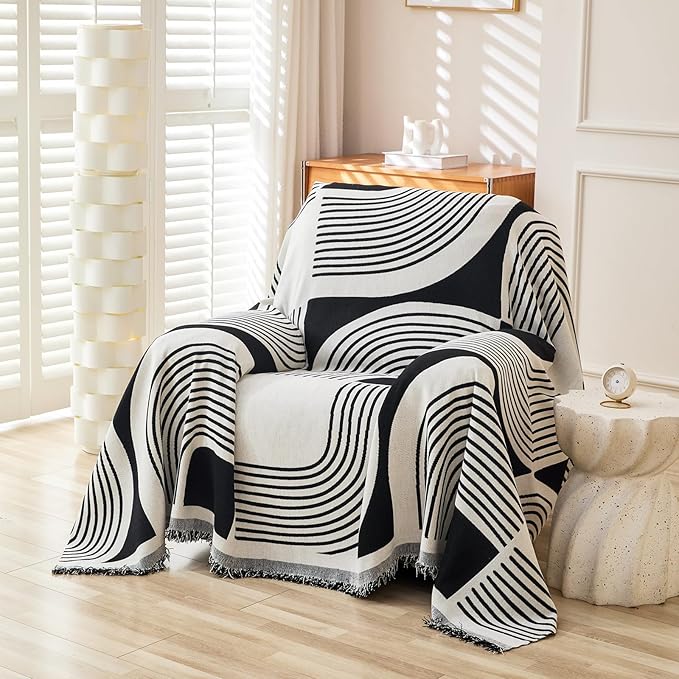 Boho Chenille Couch Cover with Tassels, Bohemian Sofa Cover for 1 Cushion Couch, Armchair, Chair, 1 Seater (71" x 91", Black)