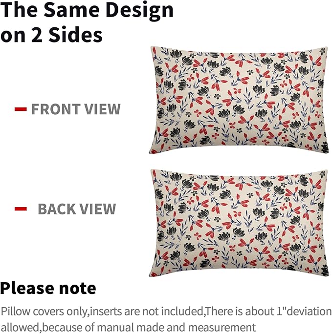 4th of July Floral Pillow Covers 12x20 Set of 2 Rustic Old Style Navy Blue Red Black Flower Print Rectangle Decorative Outdoor Pillowcases Patriotic Throw Cushion Case Decor for Couch Sofa Bed
