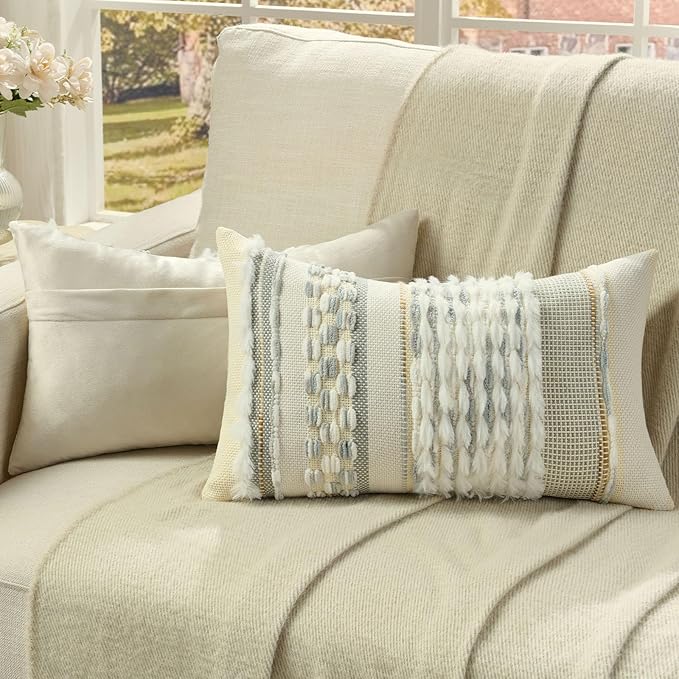 FUTEI White Grey Blue Accent Throw Pillow Covers Set of 2, 12x20 Inch Plush Tufted Striped Textured Decorative Pillow Cases for Farmhouse Boho Couch Decor