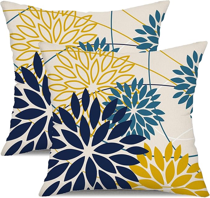 DFXSZ Blue Yellow Flower Pillow Covers 16x16 Inch Set of 2 Outdoor Throw Pillows Outdoor Waterproof Decor for Living Room Sofa Patio Funiture Garden Floral Polyester Pillow Covers 01P16