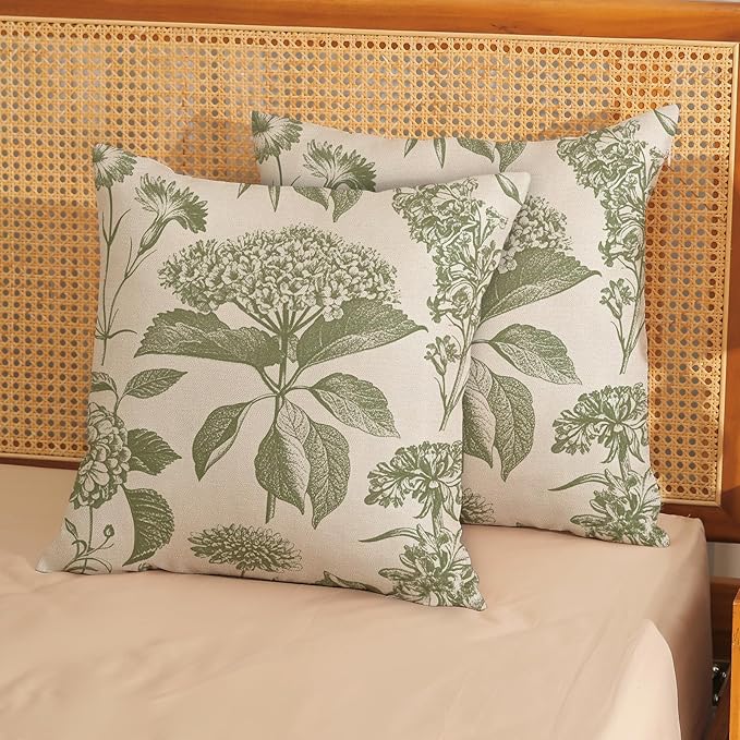 Sage Green Pillow Covers 18x18 Set of 2 Boho Floral Hydrangea Herbs Botanical Throw Pillow Cover Outdoor Decoration Pillow Cases Vintage Flower Linen Cushion Case Decorative for Couch Sofa