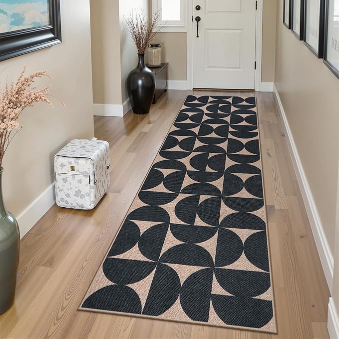 Lahome Modern Geometric Easy Jute Runner Rug 2.5x8 for Hallway, Washable Non Skid Carpet Runners 8ft, Neutral Boho Semi-Circle Outdoor Mats for Deck Entry