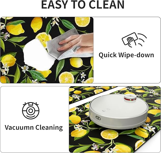 MAYHMYO Lemon Kitchen Mat Set of 2 - Anti Fatigue Mats for Kitchen Floor - Non Slip Cushioned Rugs for Standing - Lemon Decor (17.3"×29"+17.3"×47"-0.4") Black