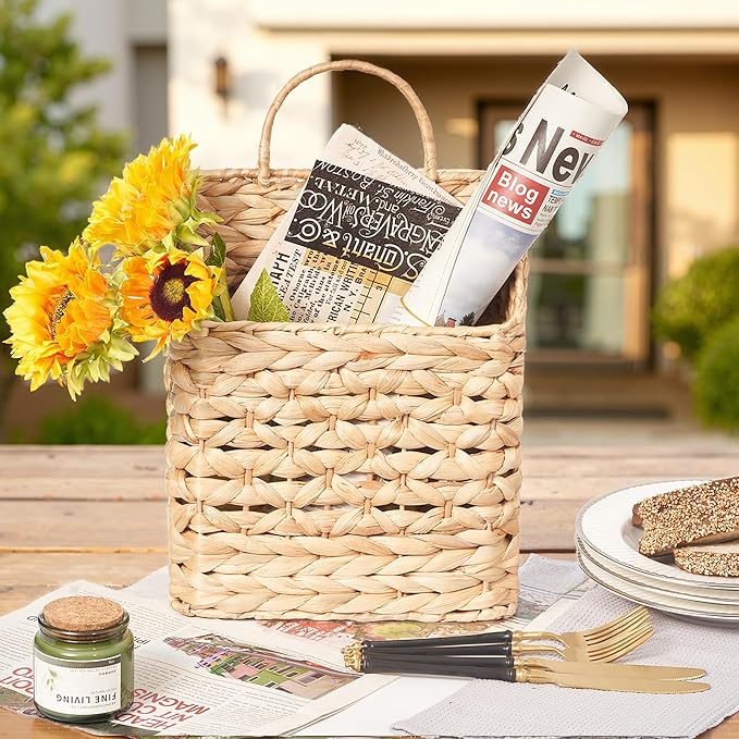 Hanging Basket Wall Planter - Water Hyacinth Woven, Outdoor Farmhouse Front Door Organizer for Plants Flowers Mail, Storage Decor, 11x9x4.5 Inch