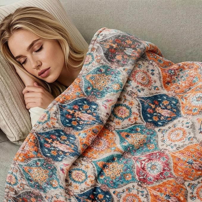 Lahome Rerto Fleece Blanket for Women Boho Bedroom Decor, Small Throw Blanket for Couch Bed Chair Cover, Decorative Fleece Blanket Throws Mom Gift Vintage Home Decor, Bohemian Colorful 50x60