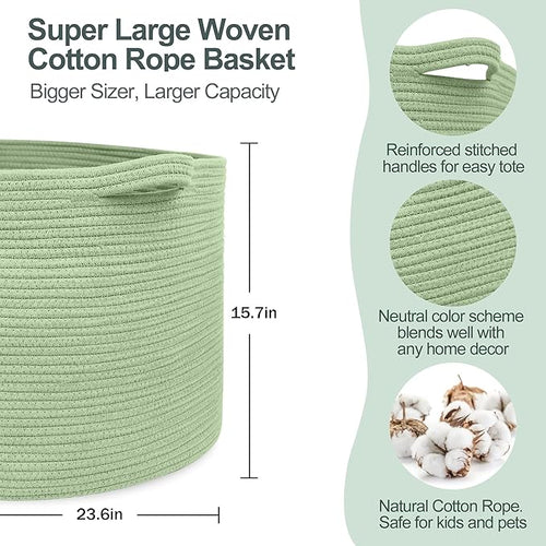 115L Oversized Green Basket, 23.6"x15.7" Woven Cotton Rope Bin for Blankets, Nursery Wicker Laundry Hamper, Kids Toy Storage Bin, Sage Green Living Room Bedroom Decor Baskets for Organizing