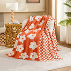 Checkered Throw Blanket, Orange Flower Blanket for Couch, 50"x60" Soft Plaid Knit Blanket for Home Decor, Reversible Checkerered Blankets for Sofa, Chair, Bed