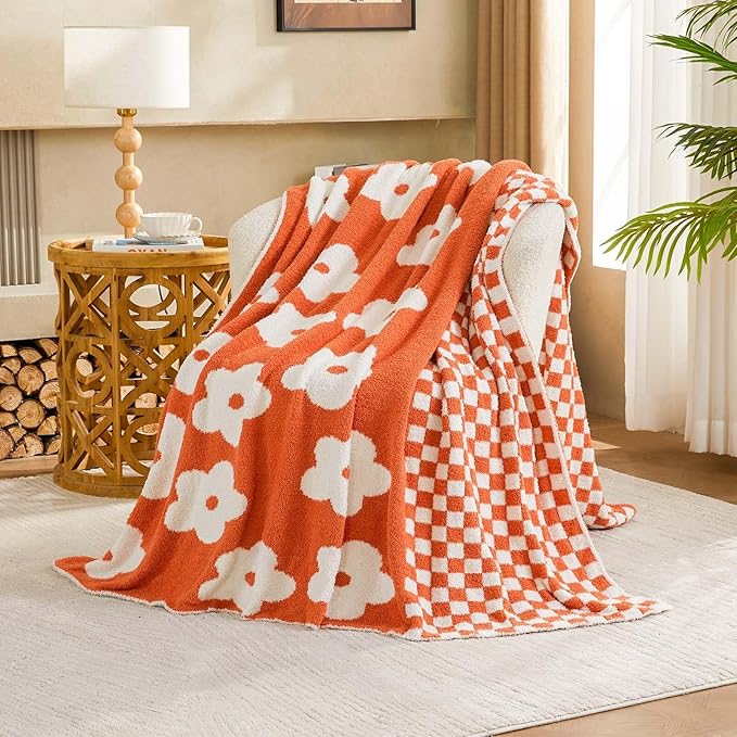 Checkered Throw Blanket, Orange Flower Blanket for Couch, 60"x80" Soft Plaid Knit Blanket for Home Decor, Reversible Checkerered Blankets for Sofa, Chair, Bed