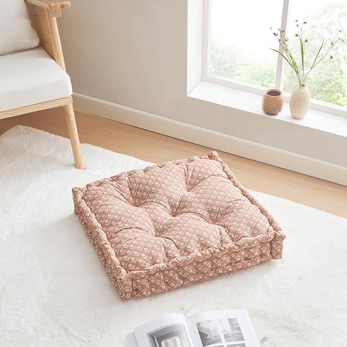Peri Home Floor Pillow for Adults, Square, Oversized, 100% Cotton Large Floor Cushion Seating, Block Floral Printed and Tufted, 24x24, Pink