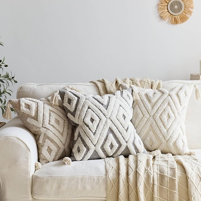 Boho Chic Woven Throw Pillow Covers 1PC, 18x18 Inch Tufted Decorative Pillowcases with Tassels for Elevating Couch, Sofa & Living Room Aesthetic (White, 18" x 18" (Pack of 1))