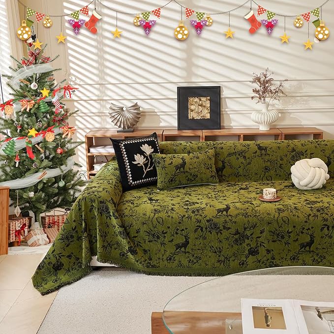 ROOMLIFE Green Sofa Cover, Vintage Boho Couch Cover for 3 Cushion Sofa, Non Slip Soft Chenille Sofa Slipcovers for Dog, Washable Furniture Sofa Protector Cover with Tassel for Living Room, 71''X118”